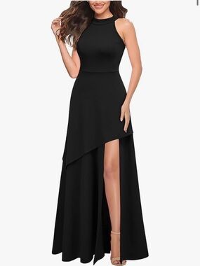 Black High-Neck Asymmetric Maxi Dress - Women's Formal Evening Dress